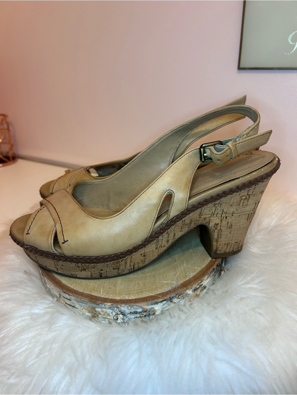 Naturalizer Beige Cork Slingback Wedge Sandals N5 3.5” heel